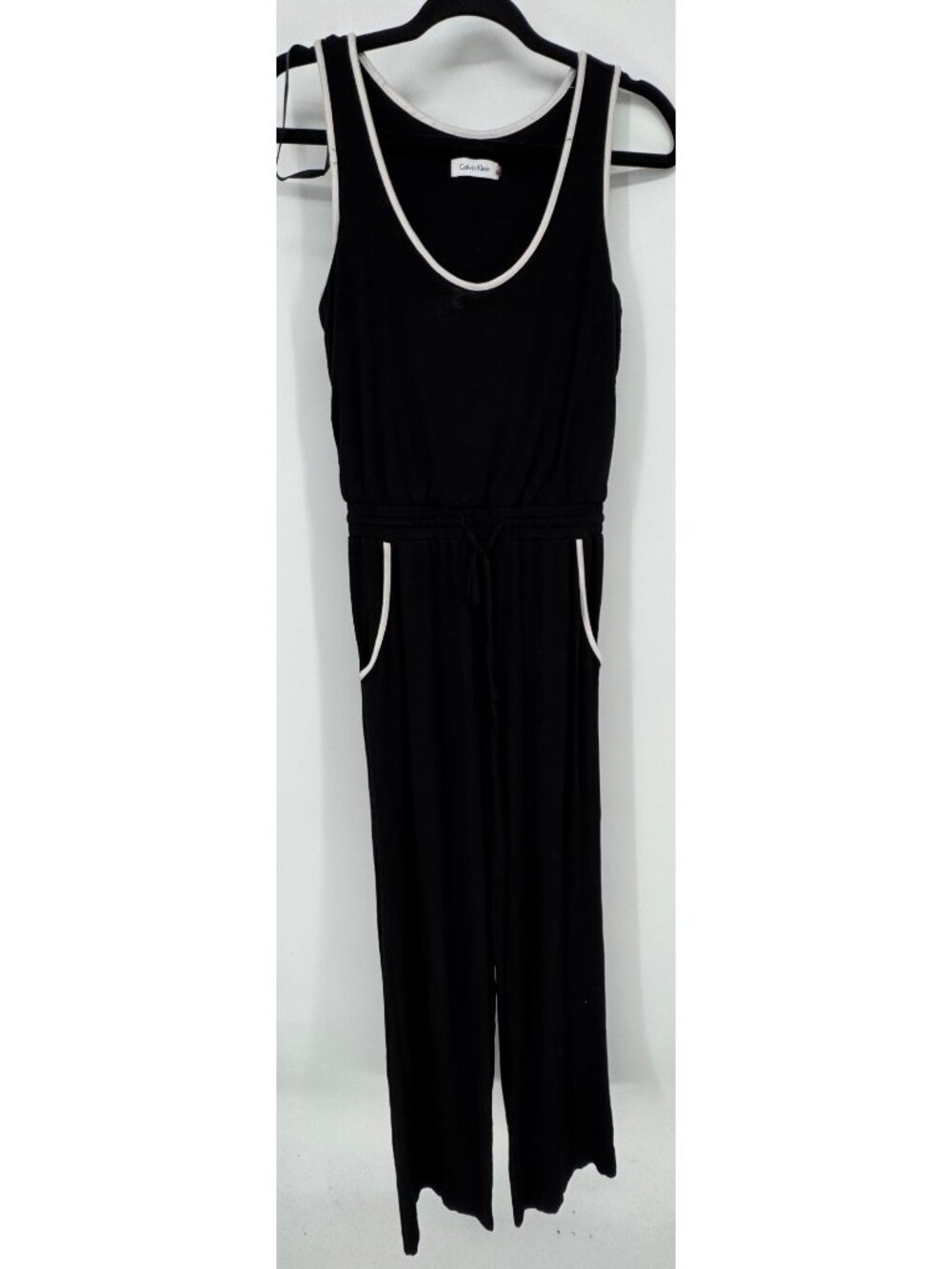 Calvin Klein Black Sleeveless Wide-Leg Jumpsuit With Contrast Trim And Drawstrin